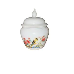 VTG AVON 6” White Milk Glass Ginger Jar w Lid Flowers & Bird Design Home Decor